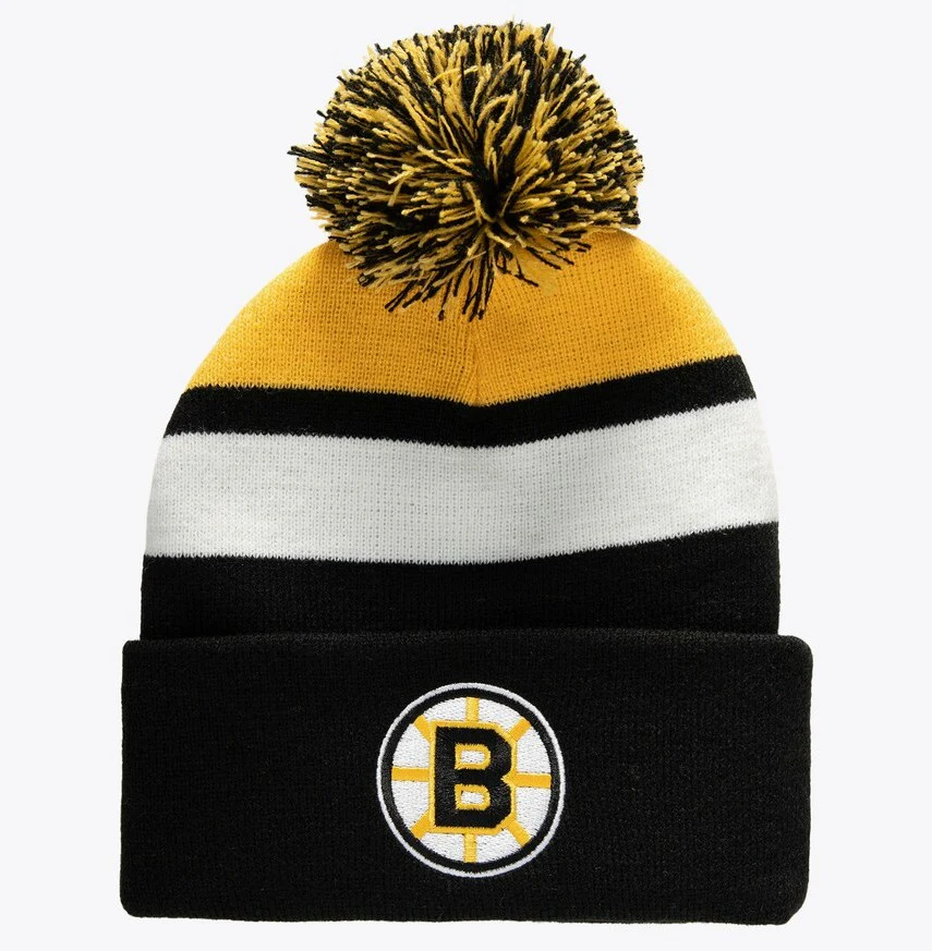 Boston Bruins Mitchell & Ness Stripe Cuffed Knit Hat with Pom