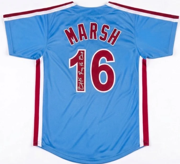 Brandon Marsh Philadelphia Baseball Pro-Style Signed Throwback Jersey Inscribed 'Ring the Bell'