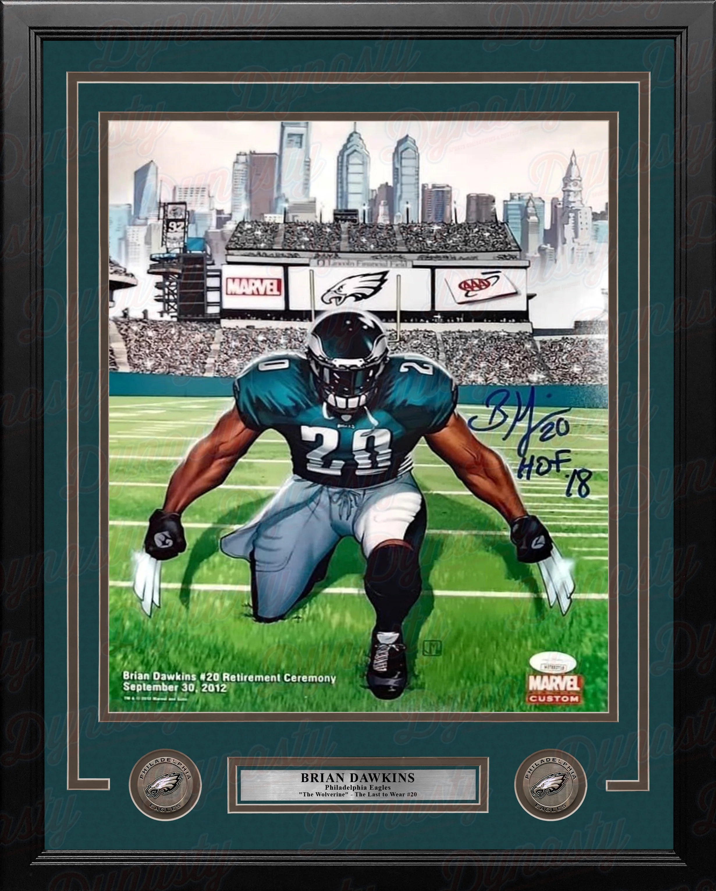 Brian Dawkins Wolverine Retirement Collage Philadelphia Eagles Autographed 11x14 Framed Photo Inscribed Hall of Fame