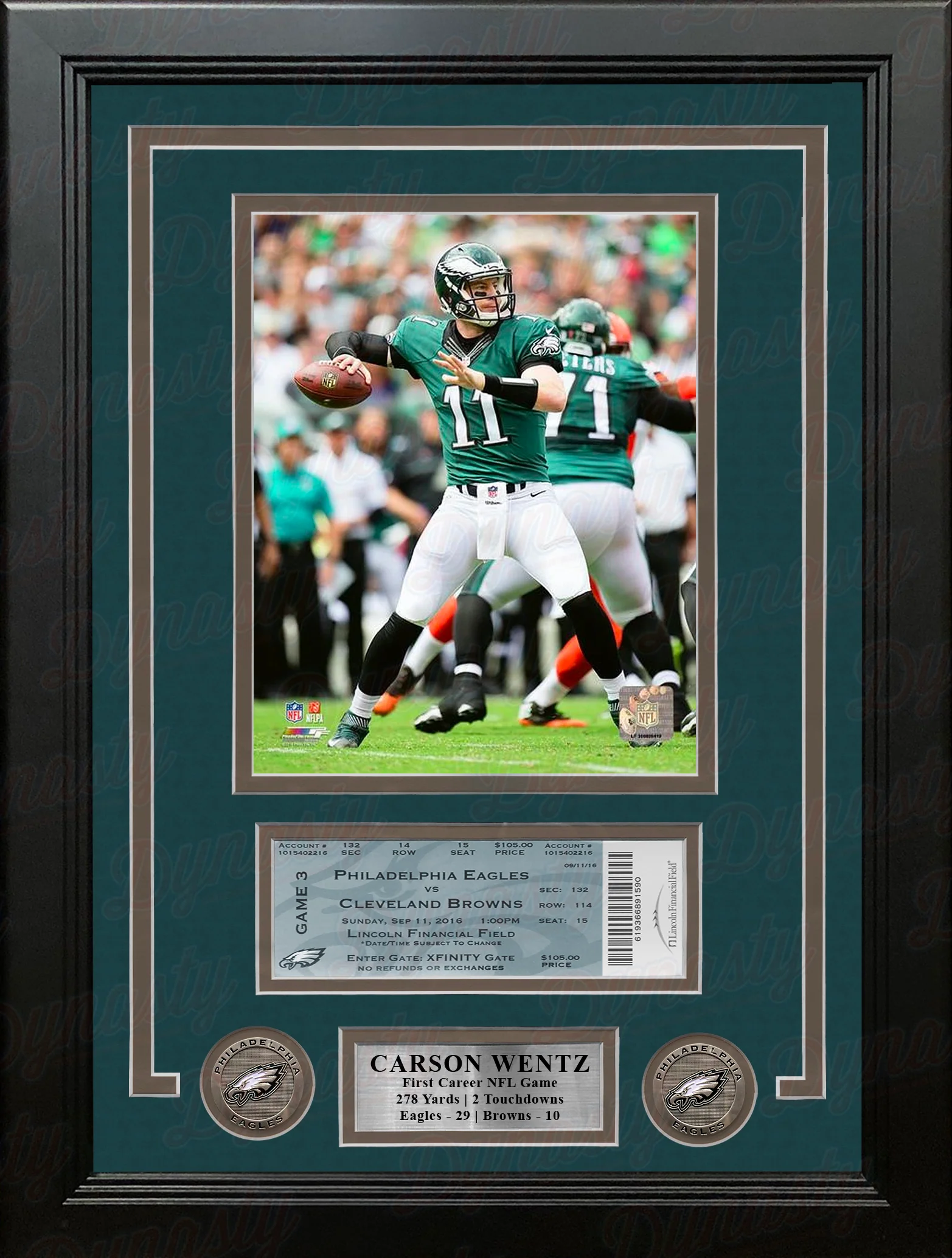 Carson Wentz 1st Career Win Philadelphia Eagles 16x20 Framed Photo with Replica 1st Win Game Ticket
