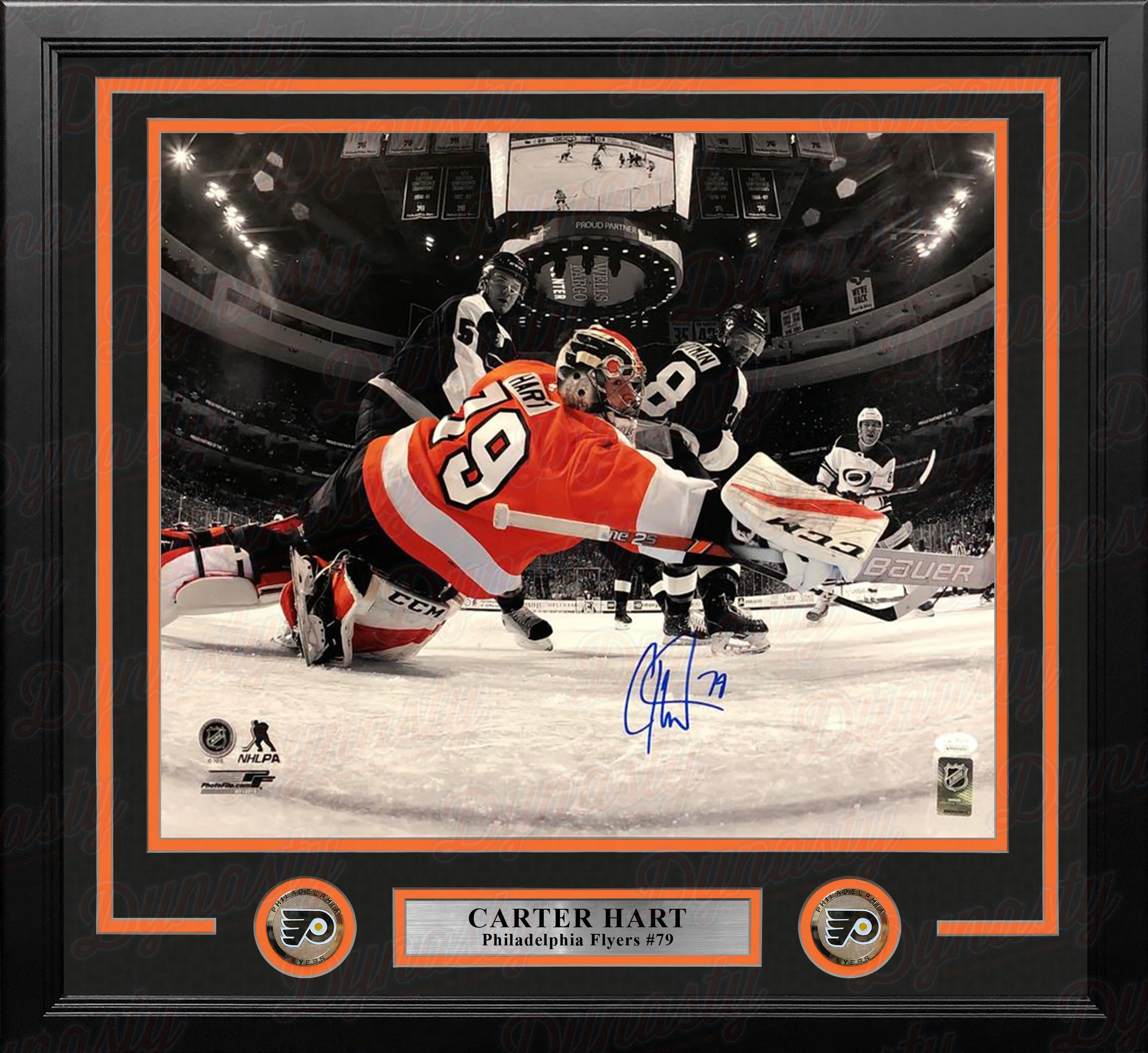 Carter Hart Philadelphia Flyers Spotlight Net Cam Autographed Framed Hockey Photo - Image 2