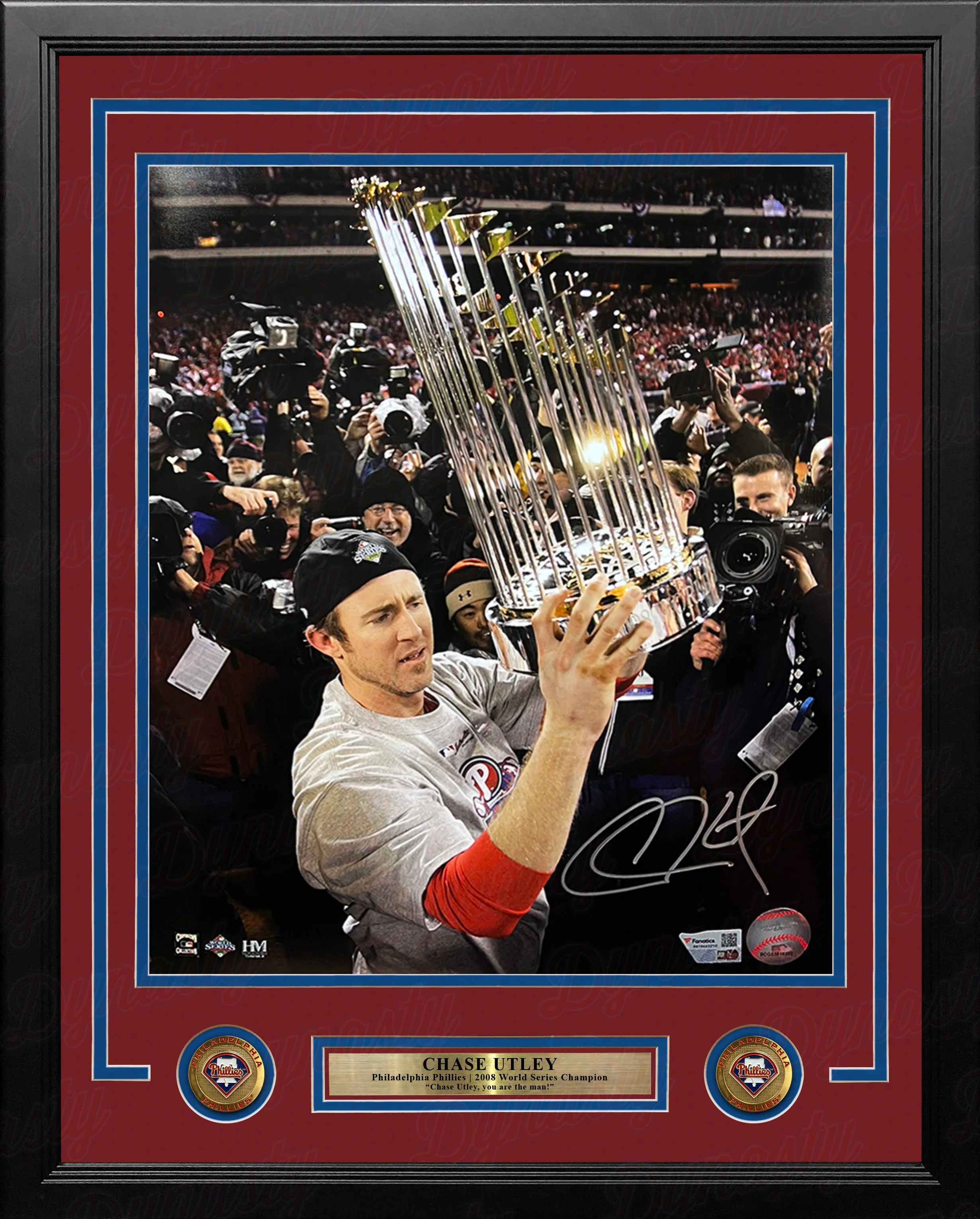 Chase Utley 2008 World Series Trophy Philadelphia Phillies Autographed 16" x 20" Framed Baseball Photo - Image 2