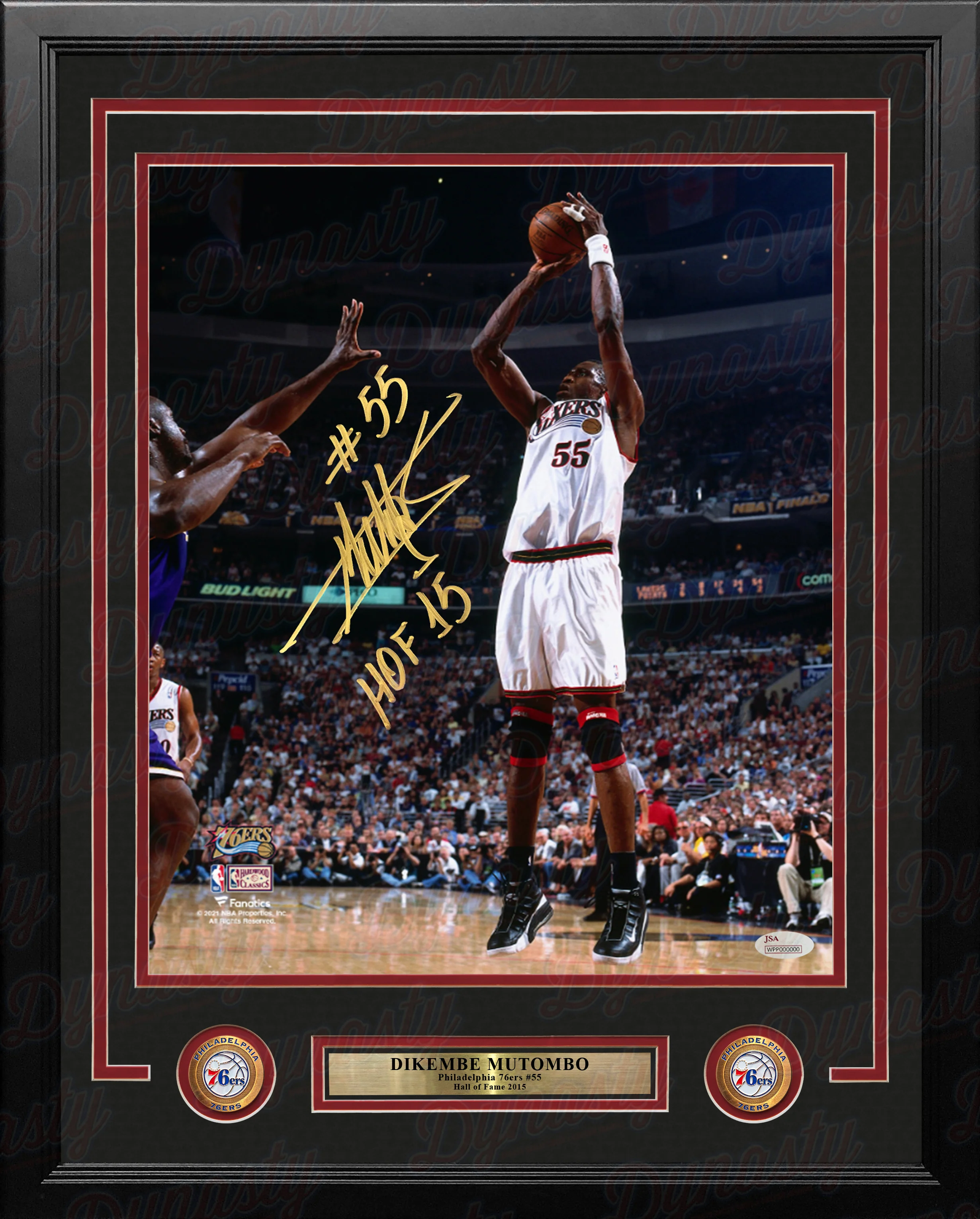 Dikembe Mutombo Philadelphia 76ers Autographed 11x14 Framed Photo Inscribed Hall of Fame: Gold Ink