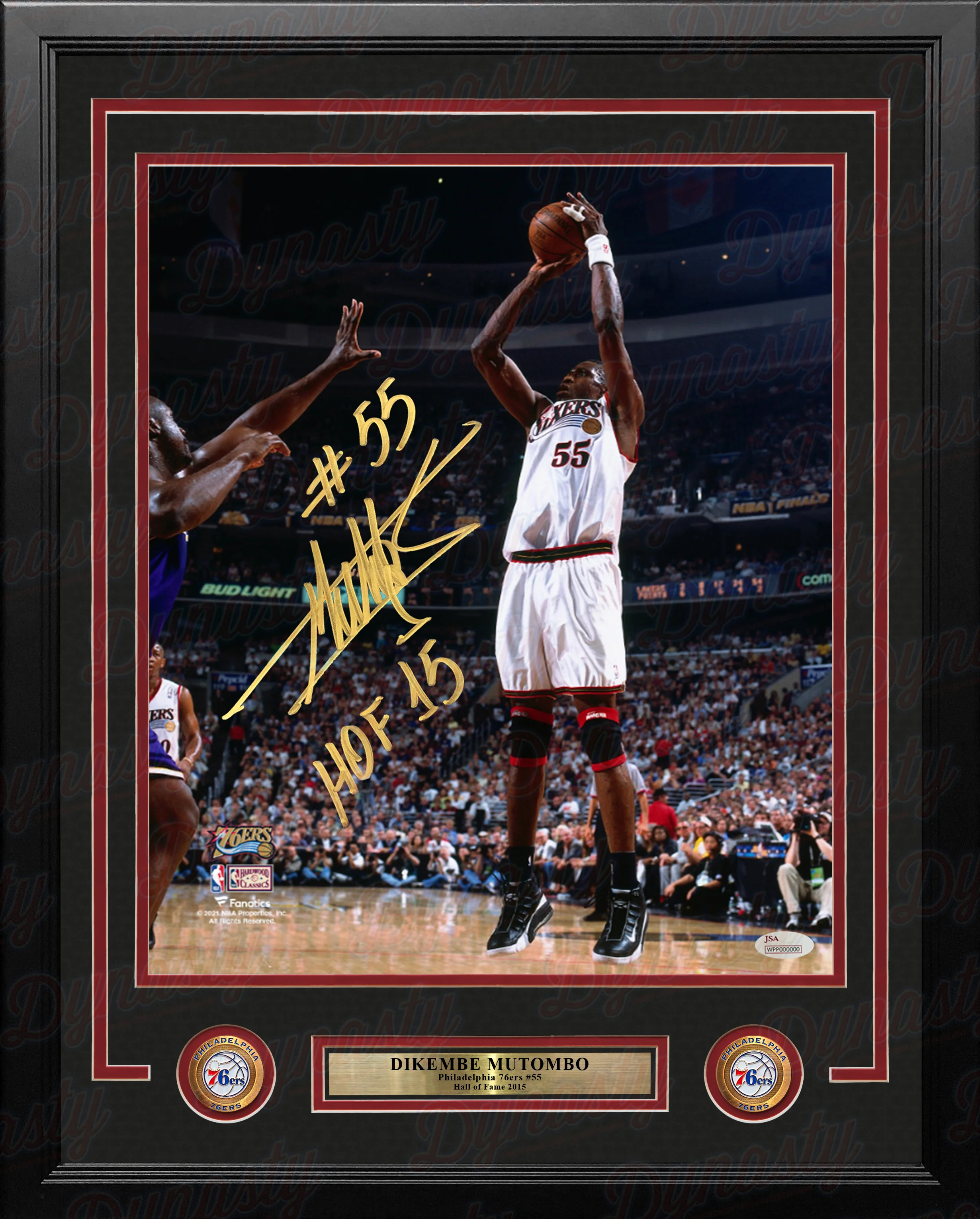 Dikembe Mutombo Philadelphia 76ers Autographed 16x20 Framed Photo Inscribed Hall of Fame: Gold Ink