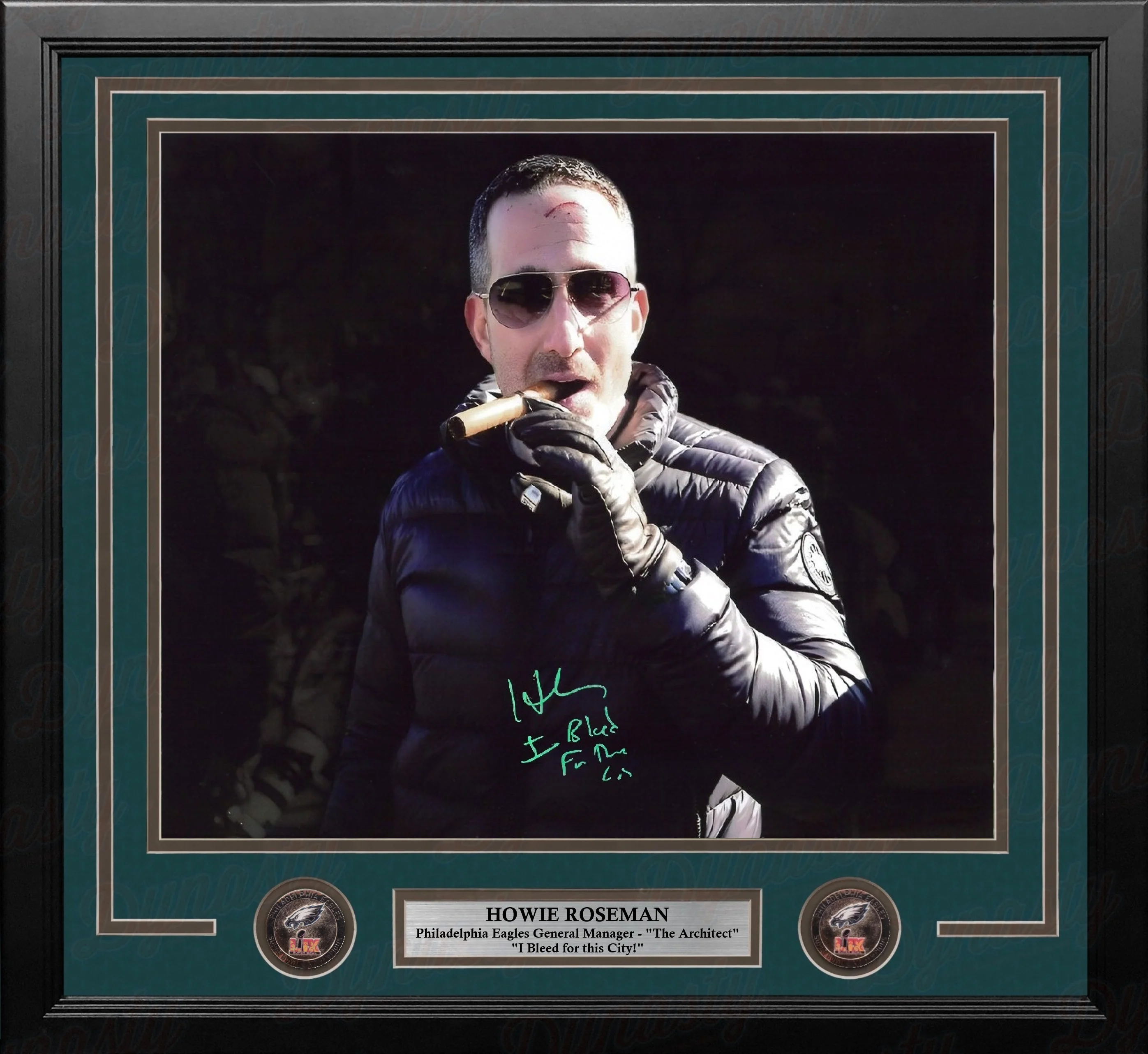 Howie Roseman Blackout Cigar Philadelphia Eagles Autographed 16x20 Framed Photo: Bleed Inscription