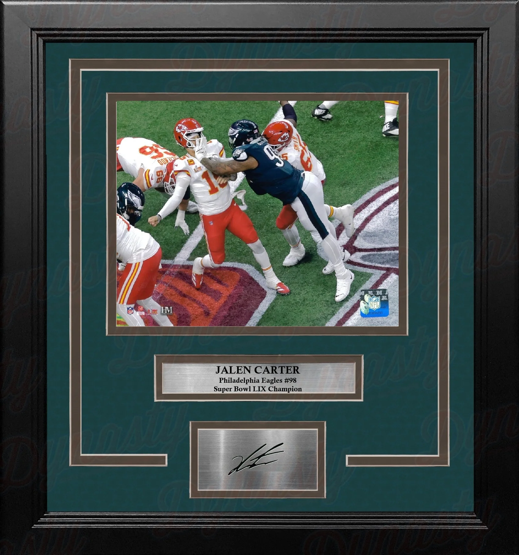 Jalen Carter Hits Mahomes Philadelphia Eagles 8x10 Framed Super Bowl Photo with Engraved Autograph