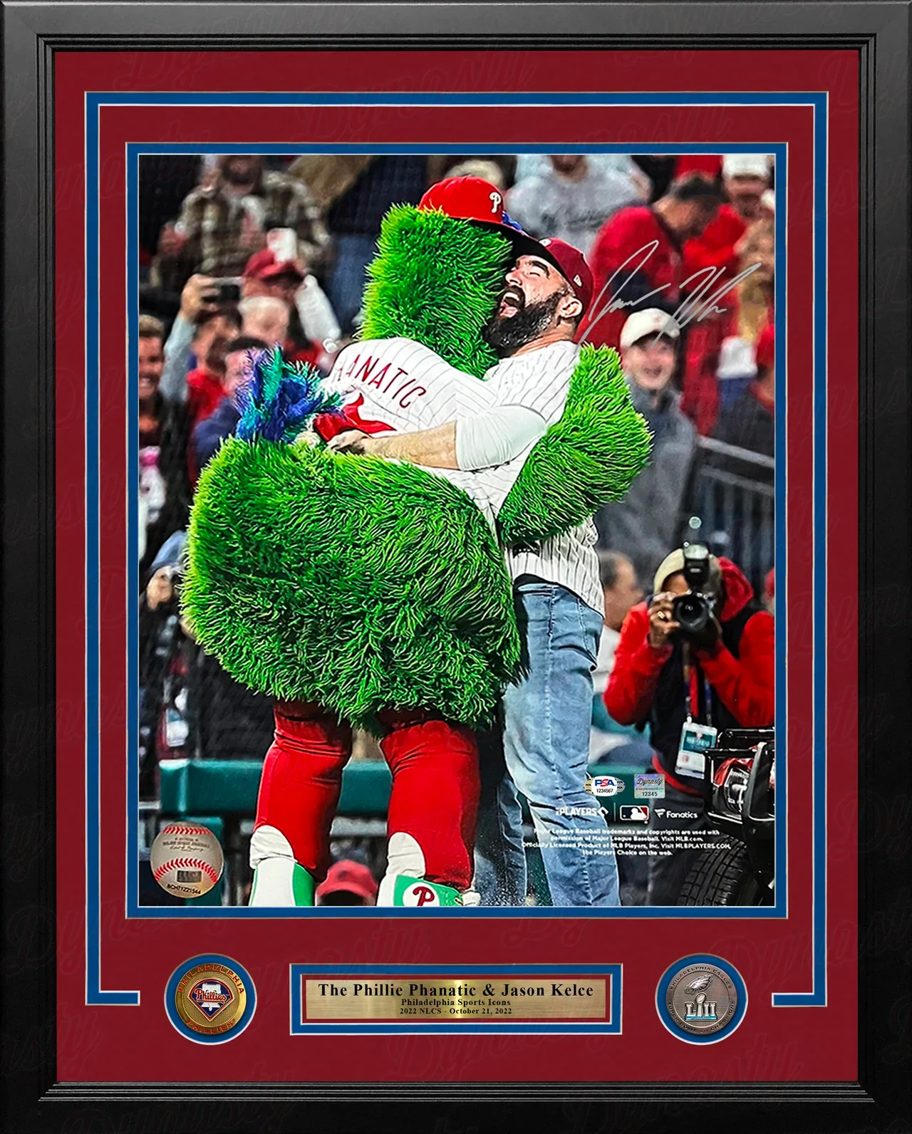 Jason Kelce Hugs the Phillie Phanatic 2022 NLCS Autographed 16" x 20" Framed Baseball Photo - Image 2