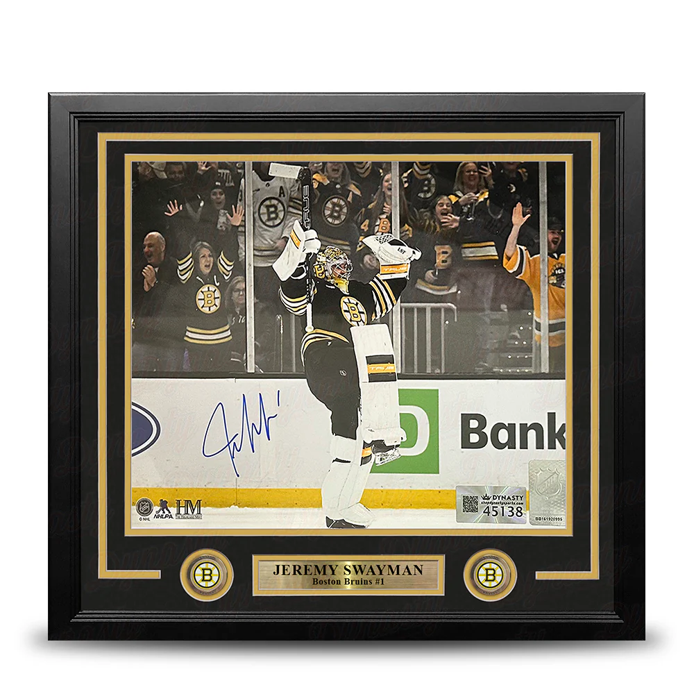 Jeremy Swayman Celebration Boston Bruins Autographed 11" x 14" Framed Hockey Photo
