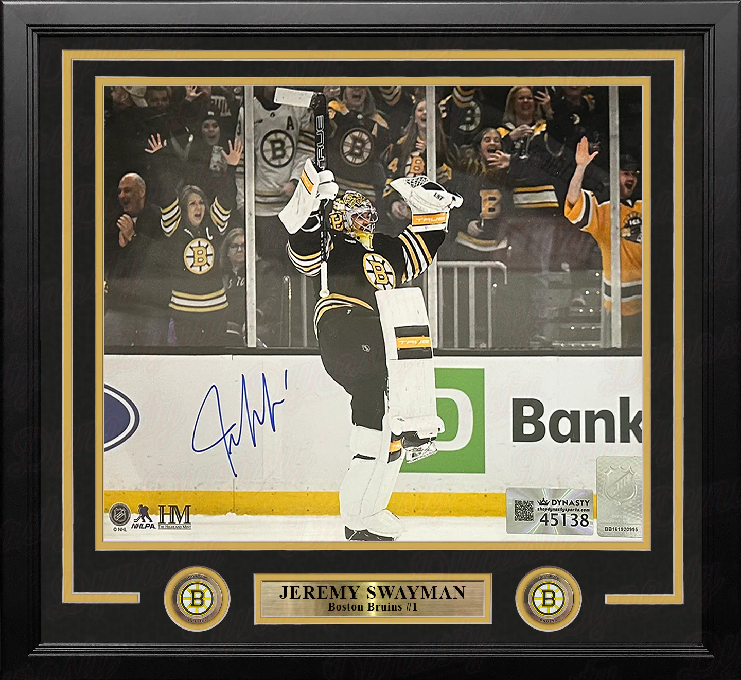 Jeremy Swayman Celebration Boston Bruins Autographed 11" x 14" Framed Hockey Photo - Image 2