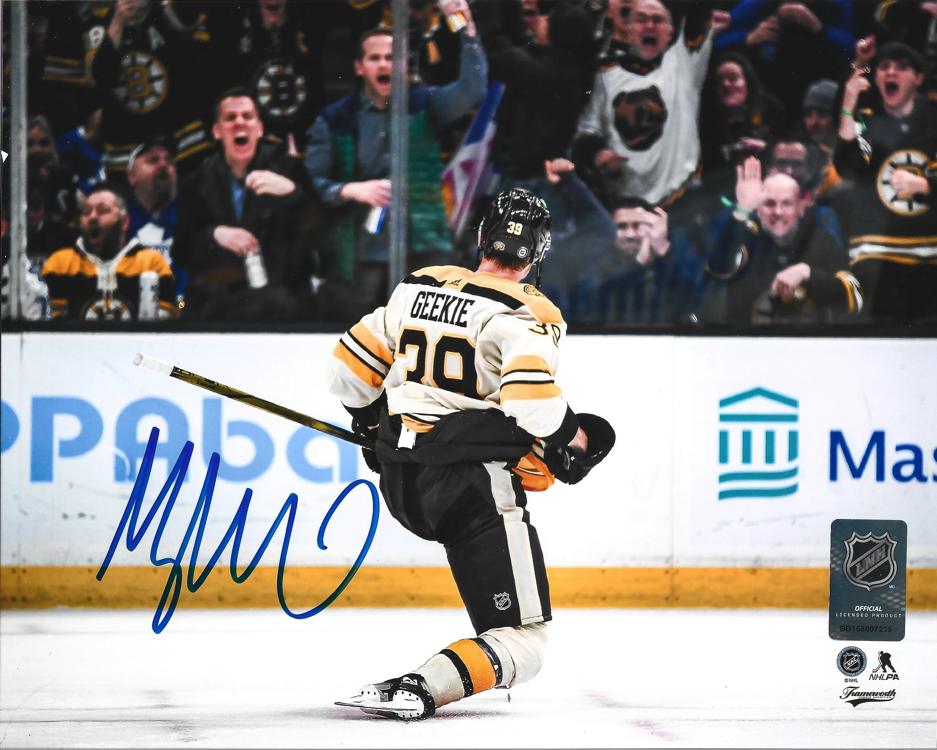 Morgan Geekie Celebration Boston Bruins Autographed 11" x 14" Hockey Photo - Image 2