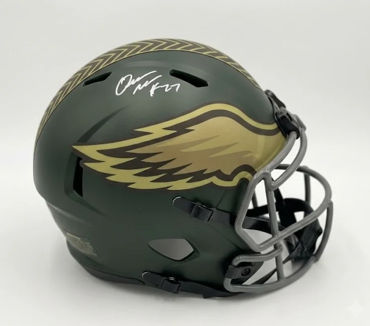 Quinyon Mitchell Philadelphia Eagles Autographed Camo Salute to Service Full-Size Helmet