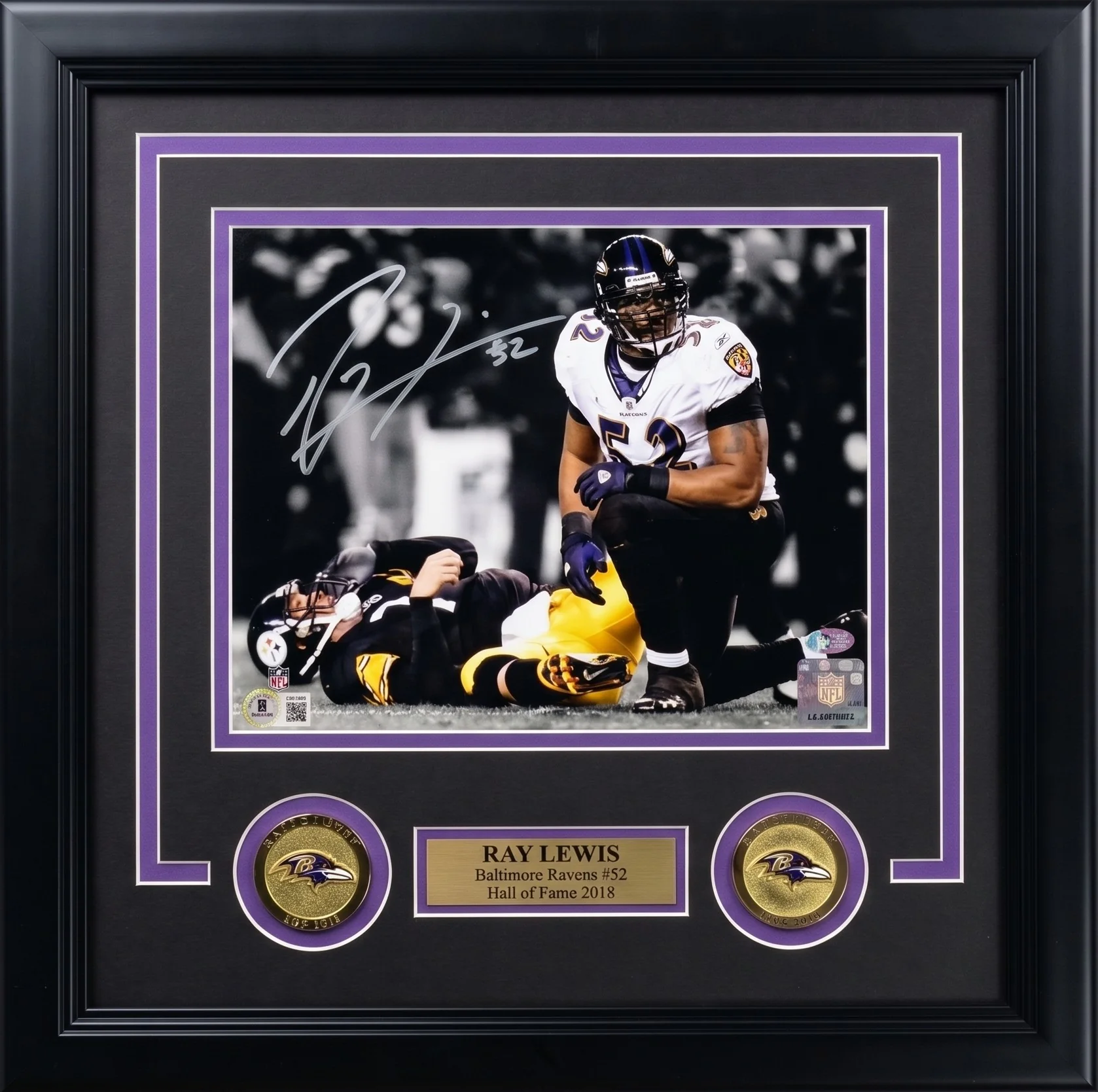 Ray Lewis Over Roethlisberger Baltimore Ravens Autographed 8" x 10" Framed Photo