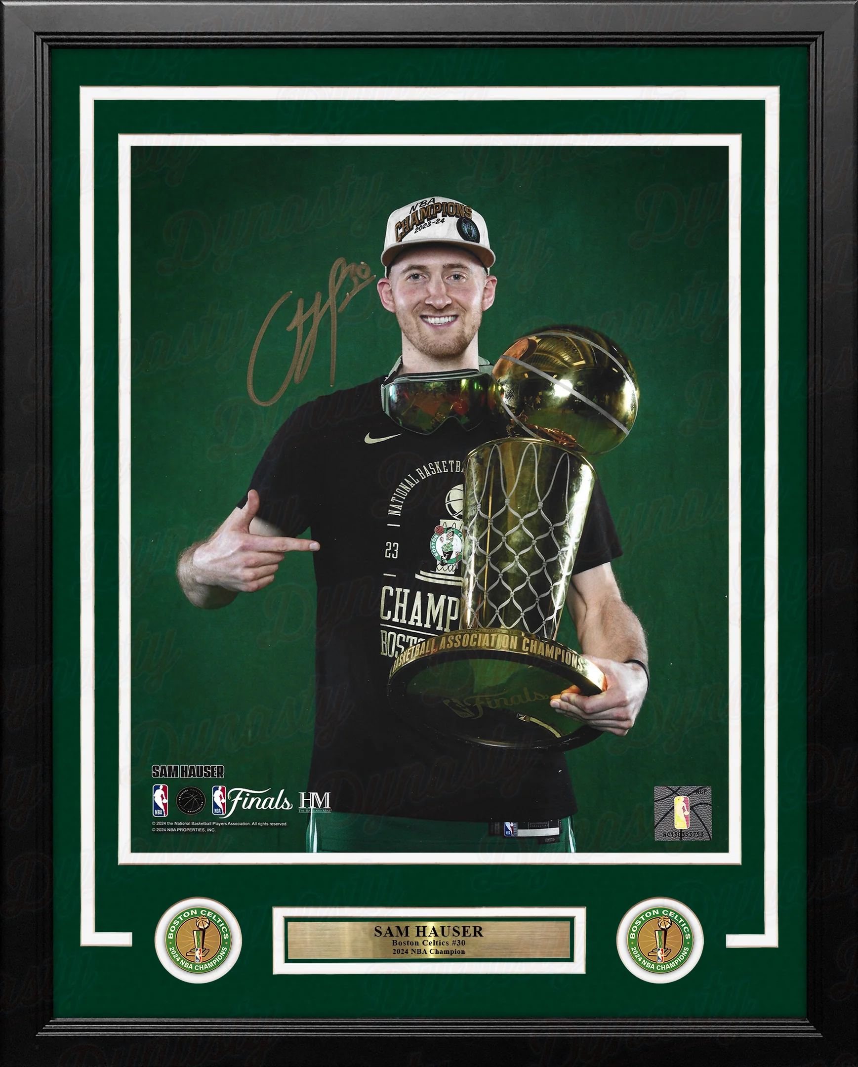Sam Hauser 2024 NBA Trophy Autographed Boston Celtics 11" x 14" Framed Championship Photo - Image 2