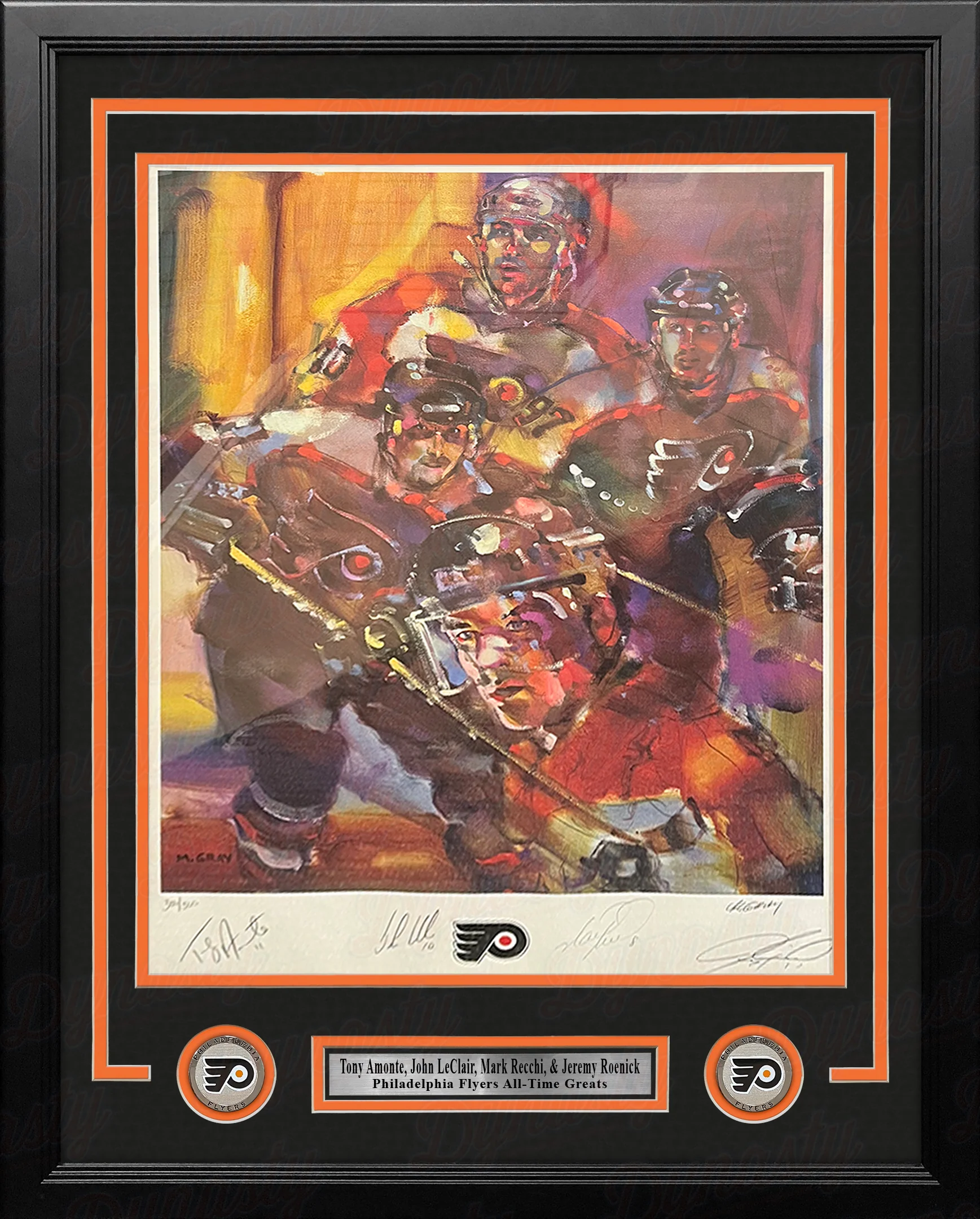 Tony Amonte, John LeClair, Mark Recchi, Jeremy Roenick Flyers Autographed 19x25 Framed Lithograph - Image 2