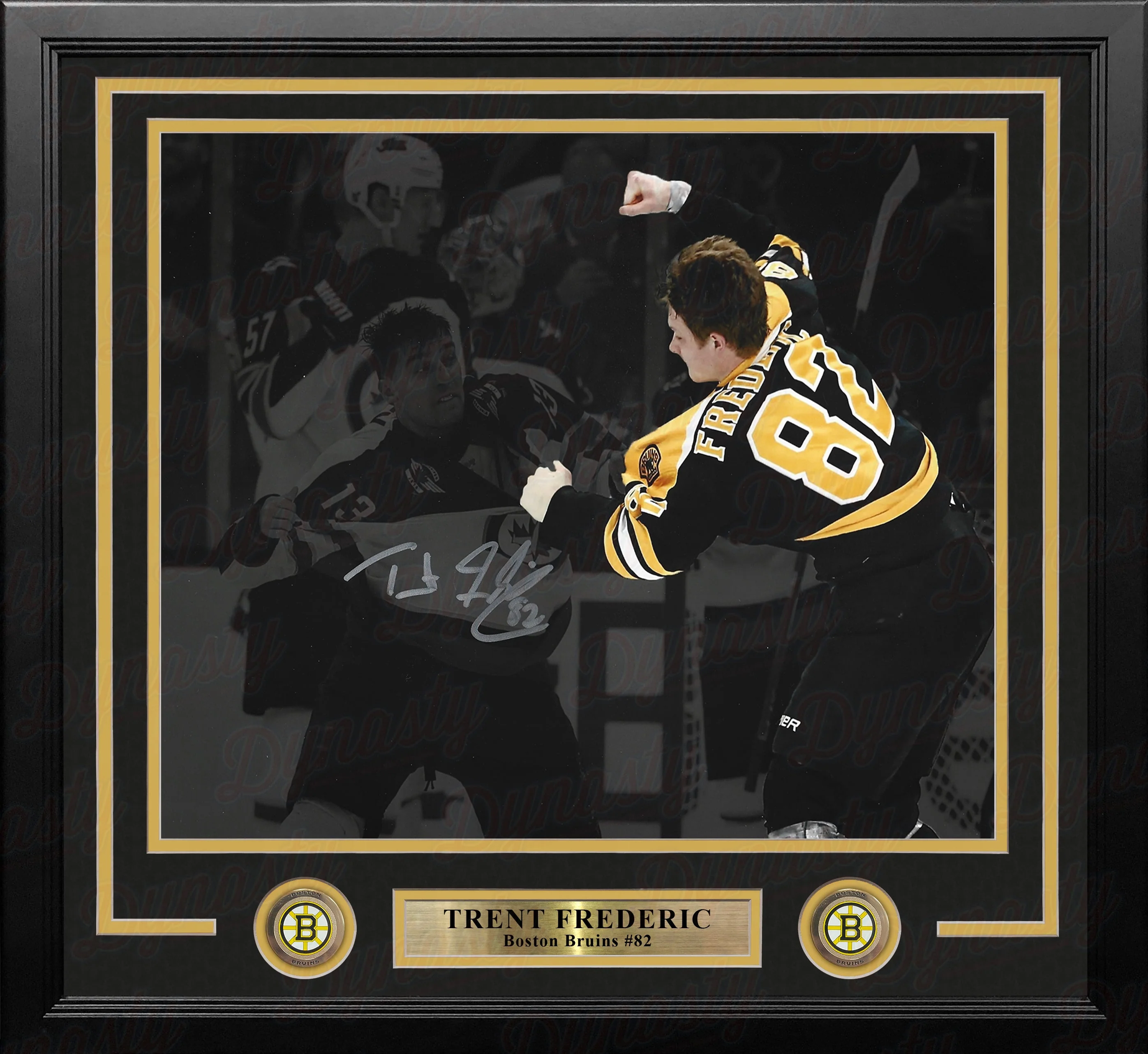 Trent Frederic Fight Boston Bruins Autographed 11" x 14" Framed Blackout Hockey Photo - Image 2